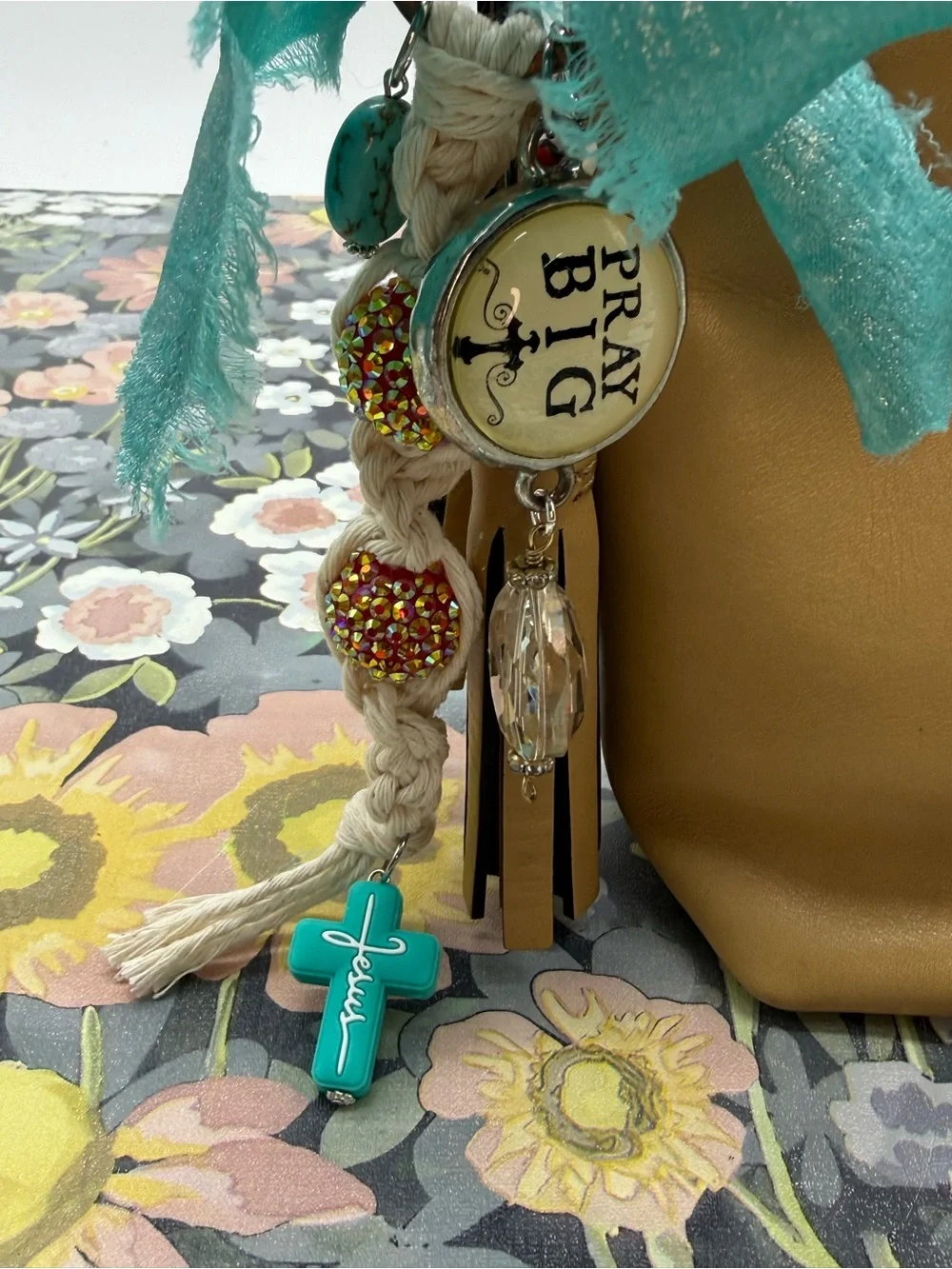 👑Adorned Crown Jewelry purse bag charm keychain pray big Jesus macrame bow